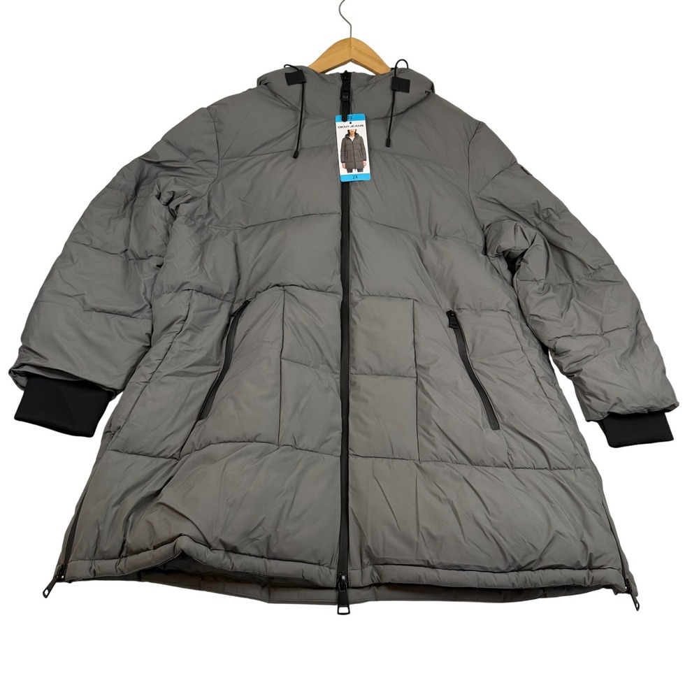 DKNY Jeans Womens Gray Hooded Puffer Parka Coat Faux Fur Collar 2XL NEW 1529955